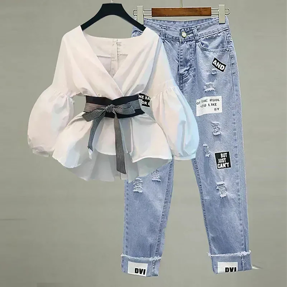 Korean Lifestyle - Women Elegant V-Neck Stripe Lantern Sleeve