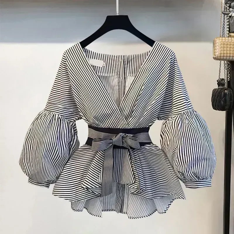 Women Elegant V-Neck Stripe La - Korean Lifestyle review and price